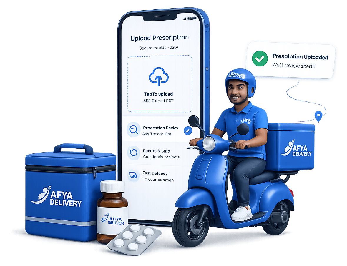 AFYA Delivery rider beside a prescription upload phone interface
